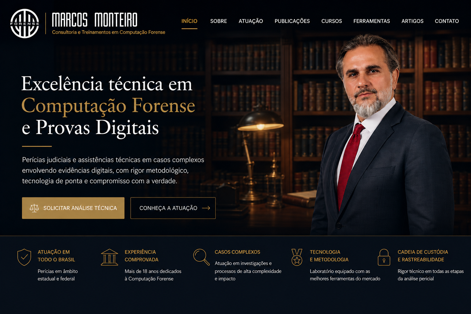 Marcos Monteiro em ambiente de biblioteca, com chamada para Computação Forense e Provas Digitais